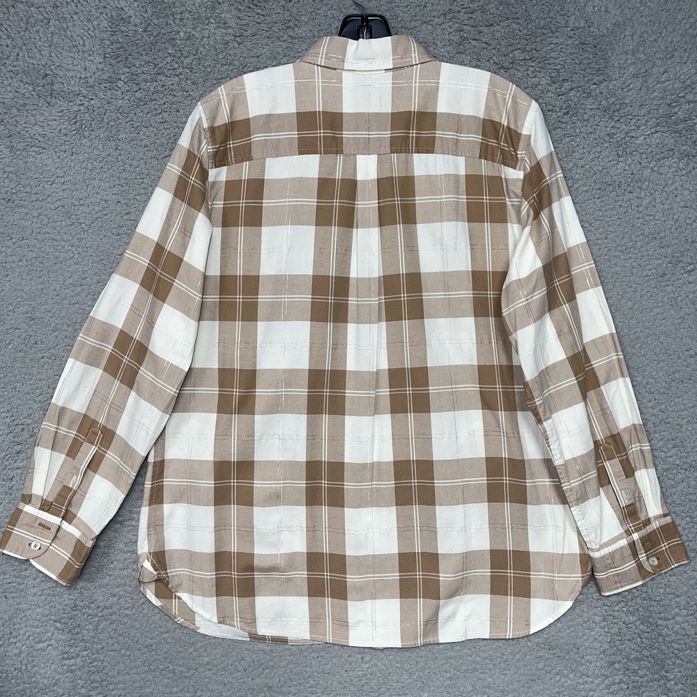 Talbots Metallic Flannel Shirt Women's Sz L Tan Plaid Modern Classic Lightweight